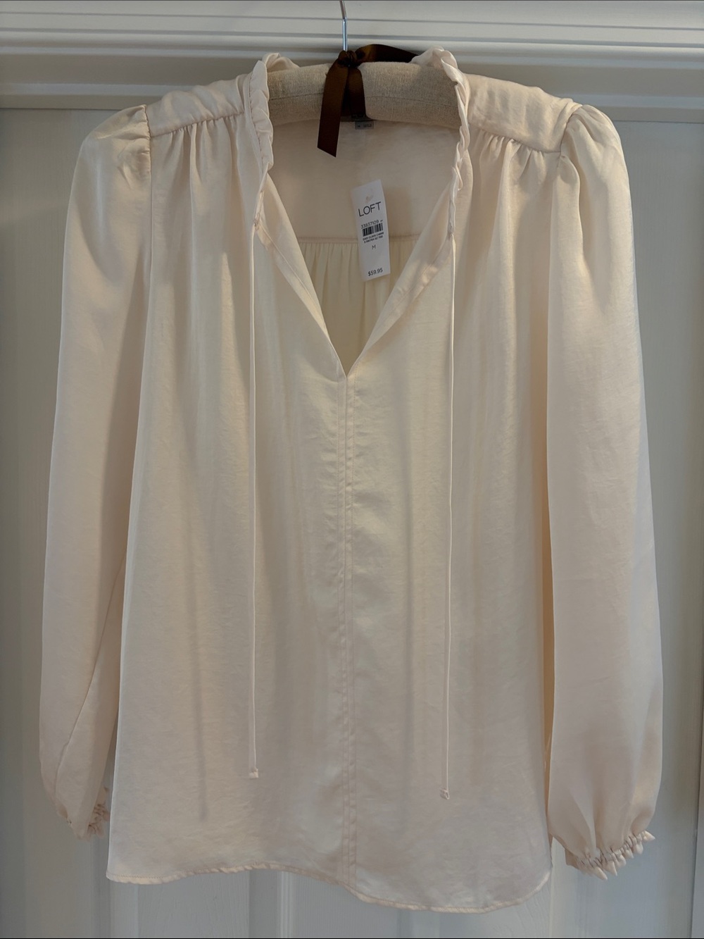 LOFT Cream Ruffled Tie-Neck Long Sleeve Blouse